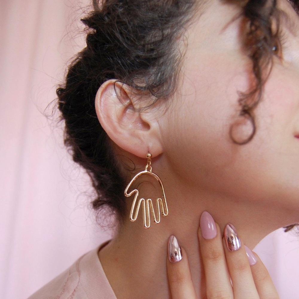 Abstract Hand Gold Metal Dangle Earrings - Picture 2 of 5